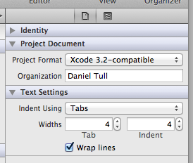 The spaces/tabs setting in the project's utility pane